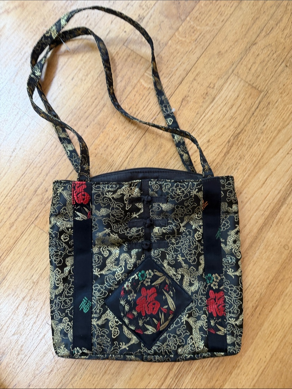 Chateau Black & Gold Dragon Brocade Bag with Red Accents- Fu “good fortune Y2K